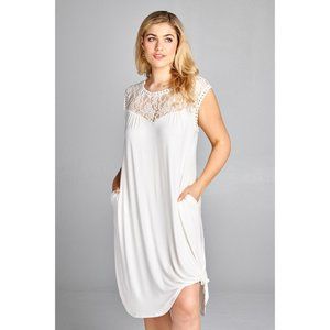 White Jersey Dress with Lace Neckline